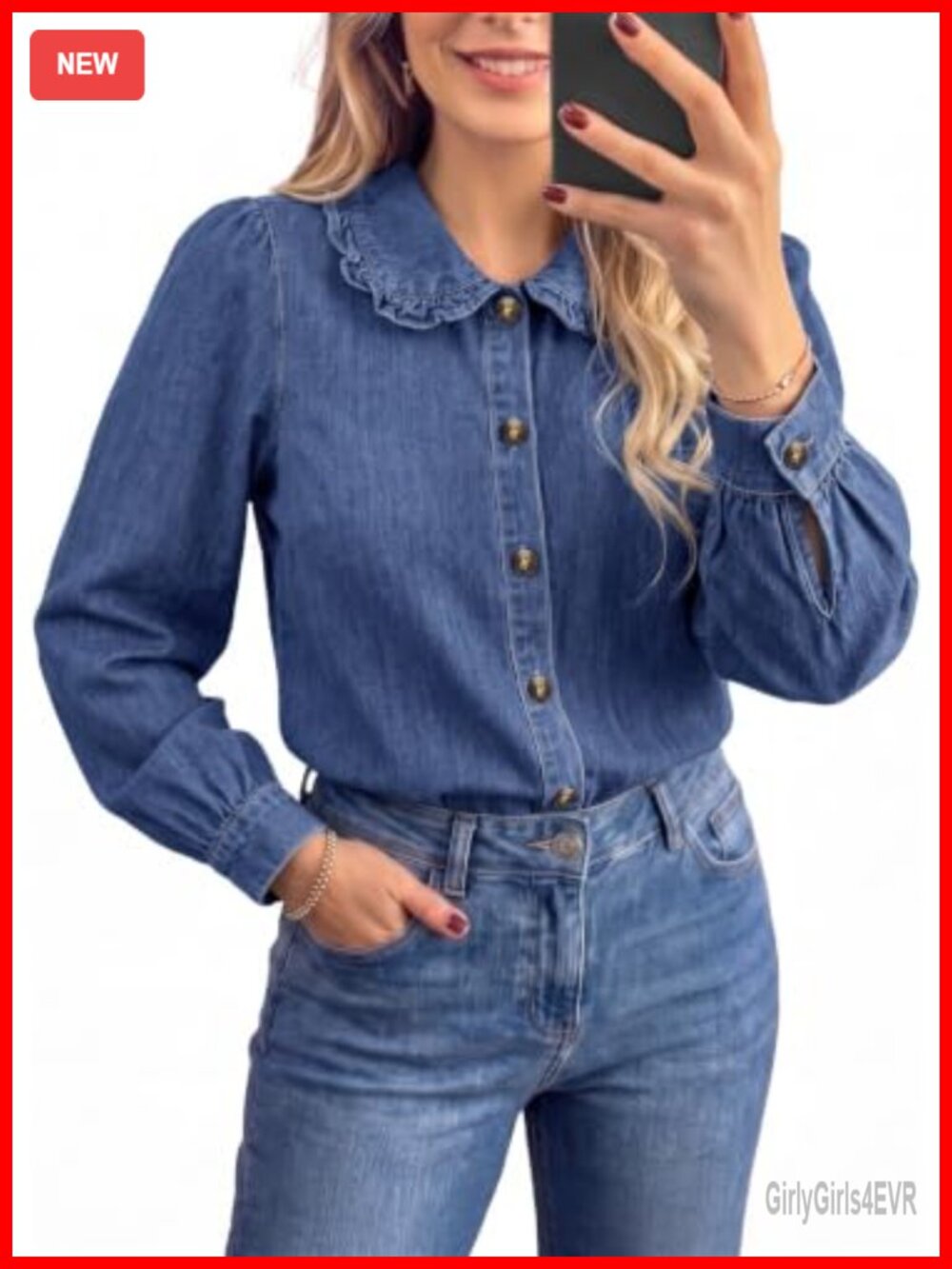 Sidefeel Womens Long Sleeve Peter Pan Collar Denim Button Down Shirt